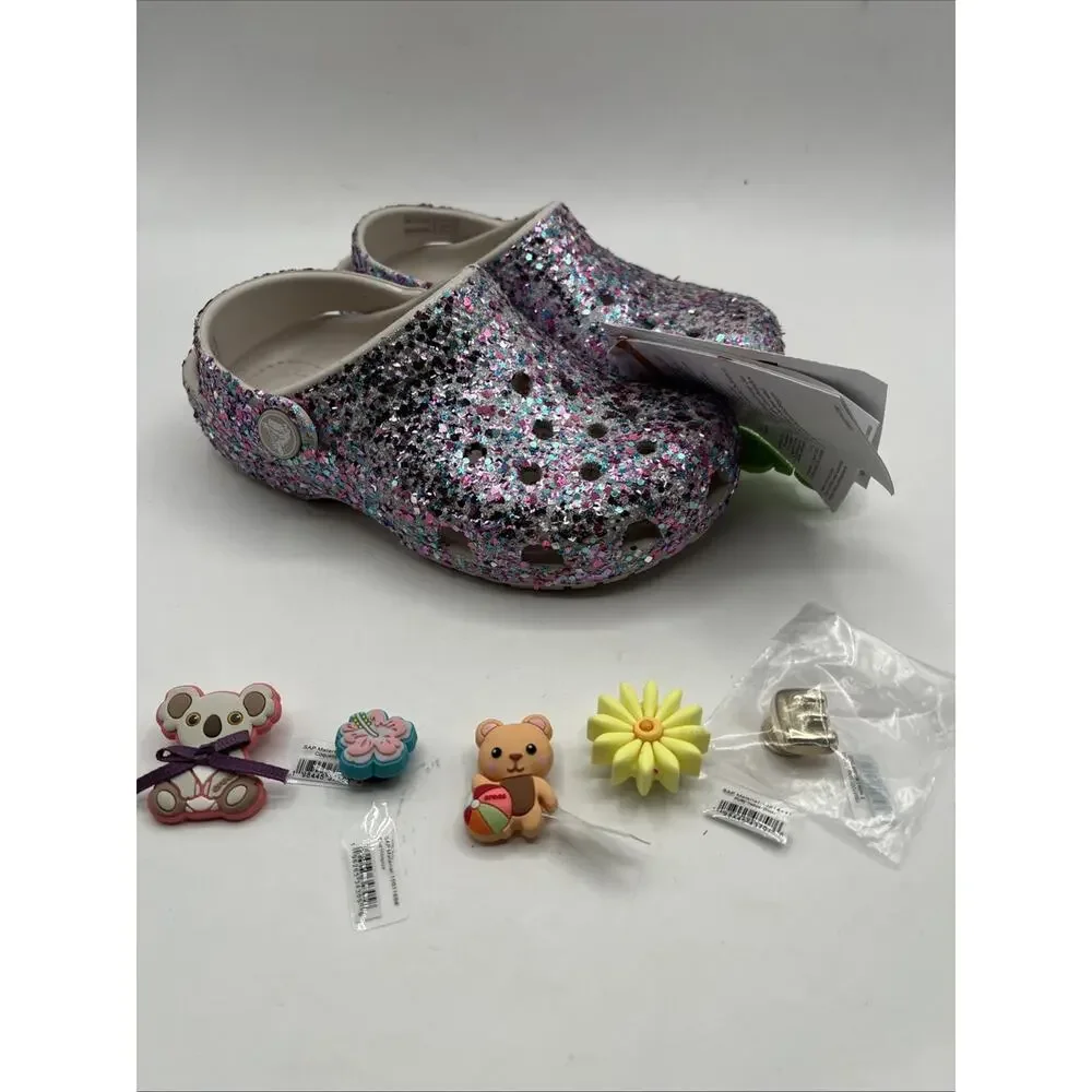CROCS KIDS Classic Dazzle Glitter Clog 213915 Purple PINK With 5 Jibbitz NWT C11